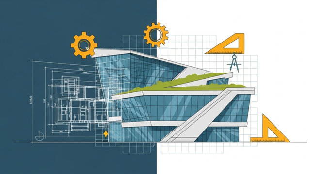 Architectural Design Process Modern Building Blueprint and Construction Elements.