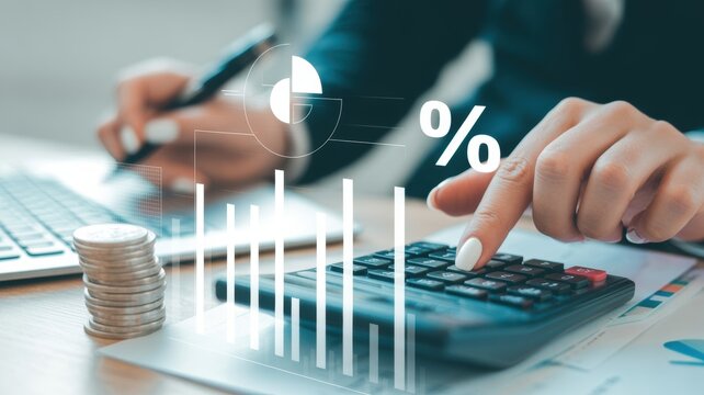 Close up of hands using calculator and laptop with financial charts and percentage symbols overlaid representing business finance