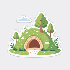 Fototapeta premium Cartoon illustration of a whimsical burrow entrance with trees and a cloud