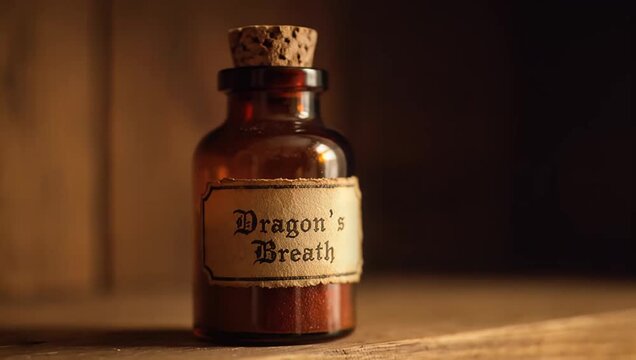 Vintage apothecary bottle with Dragon's Breath label being opened on a dark wooden shelf in a lab.