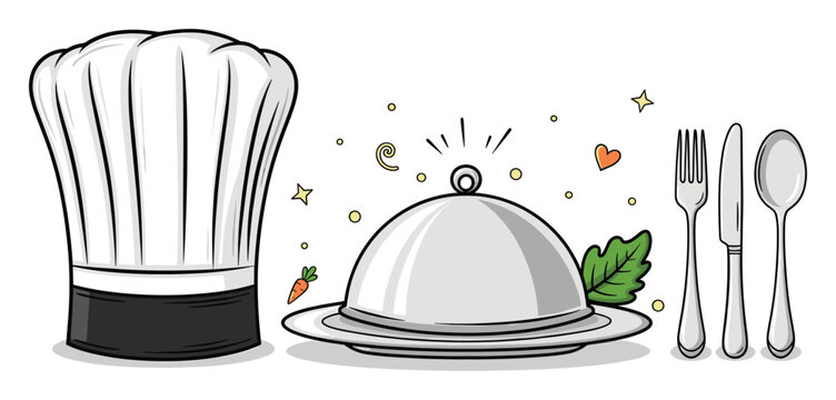 Professional chefs hat, covered serving dish, and dinner cutlery reflecting culinary arts and restaurant quality.