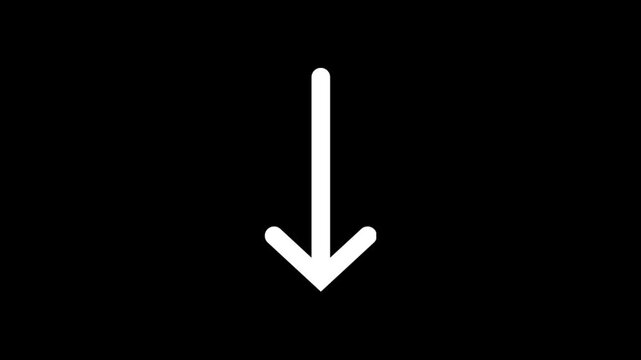 White down arrow icon on a solid black background representing download direction decrease and save concept graphic design