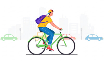 Fototapeta premium A delivery man riding a green bicycle through the city with a purple backpack