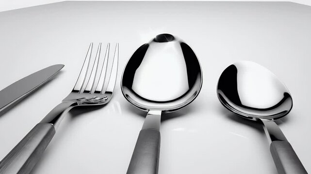 A minimalist studio shot showcases a set of polished stainless steel cutlery, including a knife, fork, and two spoons, arranged on a clean white surface.