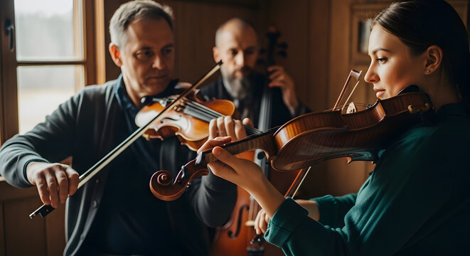 Professional violinists and cellist playing instruments together during a practice session