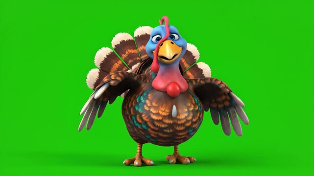 A funny 3D animated cartoon turkey gobbles and talks on a green screen. Ideal for holiday, educational, or fun video content.