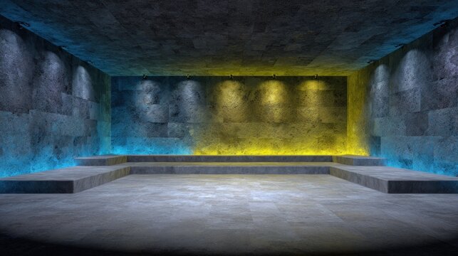 Industrial concrete room illuminated by contrasting blue and yellow stage lights