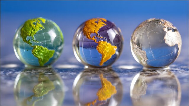 Colorful Globe Balls in Row on Reflective Surface