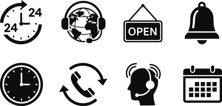24 7 support service icons editable stroke vector illustration for customer care time and availability