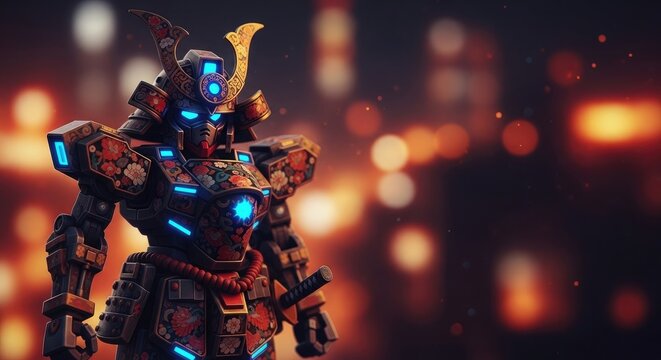 Cyberpunk robot warrior a futuristic sentinel in a neon cityscape