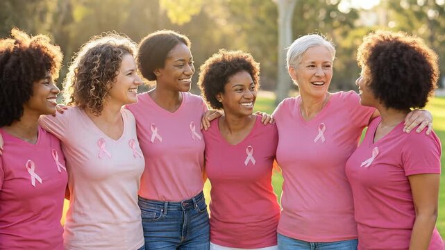 Diverse Group of Women Supporting Breast Cancer Awareness in Park.