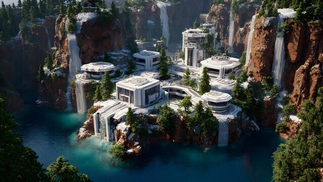 Futuristic Floating City Like Structures on Cliffside