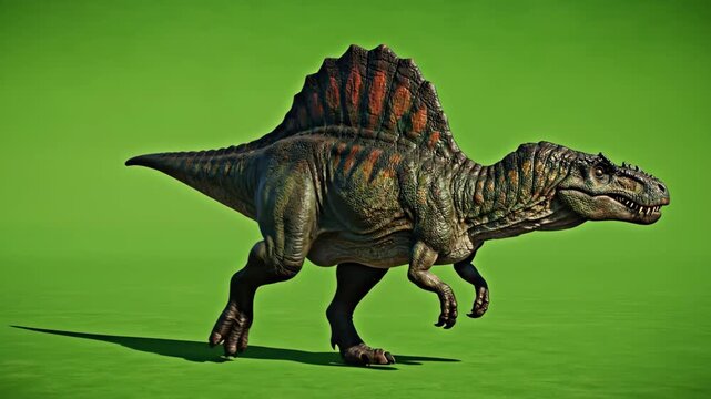 A powerful Spinosaurus dinosaur walks across a vibrant green screen, showcasing its imposing size and unique sail.