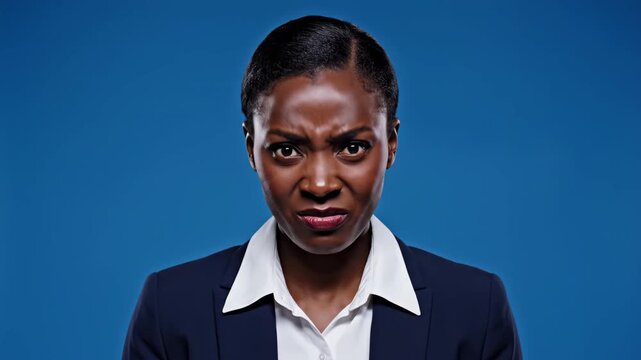 A professional African American woman in a suit displays shock, disgust, and frustration, closing her eyes in deep thought against a blue studio background.