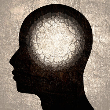 Dementia, memory loss, amnesia concept. Brain damage, cognitive disfunction. Alzheimer's disease. Illustration of a human head profile with damaged brain. Mental, psychological illness.