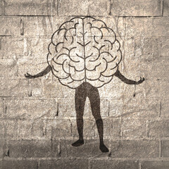 Brain standing in powerful charming pose. Knowledge is power concept. .Productivity, effectiveness. Intelligence and self development.