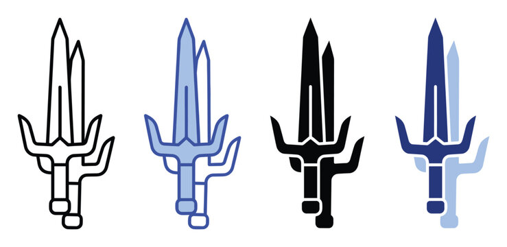 Sai weapon icon set featuring outline and solid fill styles for martial arts and game design applications