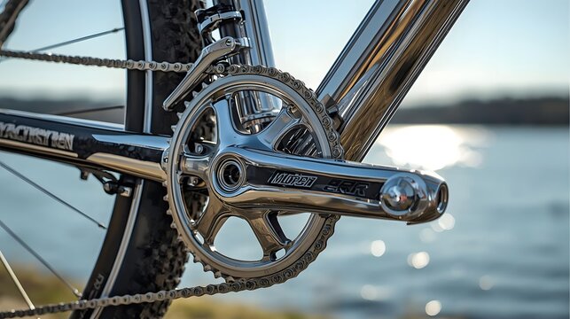 A detailed close-up shot of a pristine, highly polished chrome Morelli crankset and drivetrain on a bicycle frame by the water.