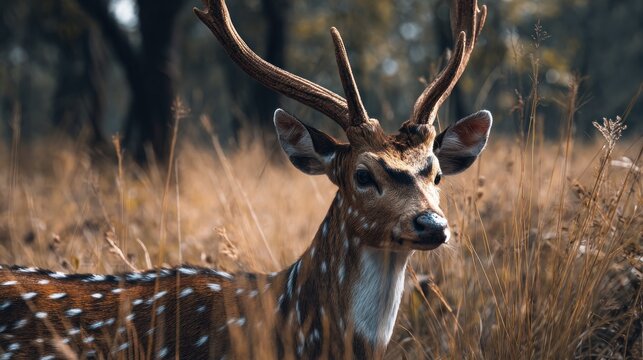 Majestic Axis Deer Stands Amidst Serene Grassy Meadow, a Wilderness Portrait