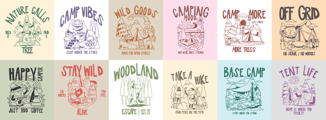 Obraz premium Vintage Camping T shirt Designs Bundle for Print. Retro Summer Cartoon Set, Adventure, Nature Lover, Hiking with Funny Character Vector Illustration Packs. Groovy Camping Doodle for Badge, Emblem