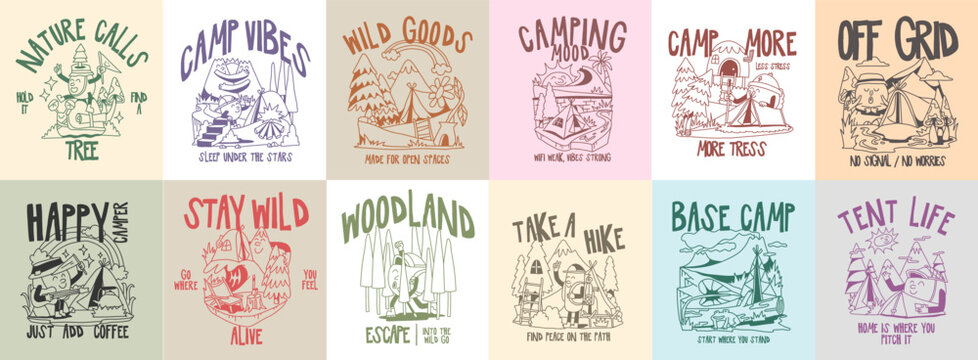 Vintage Camping T shirt Designs Bundle for Print. Retro Summer Cartoon Set, Adventure, Nature Lover, Hiking with Funny Character Vector Illustration Packs. Groovy Camping Doodle for Badge, Emblem