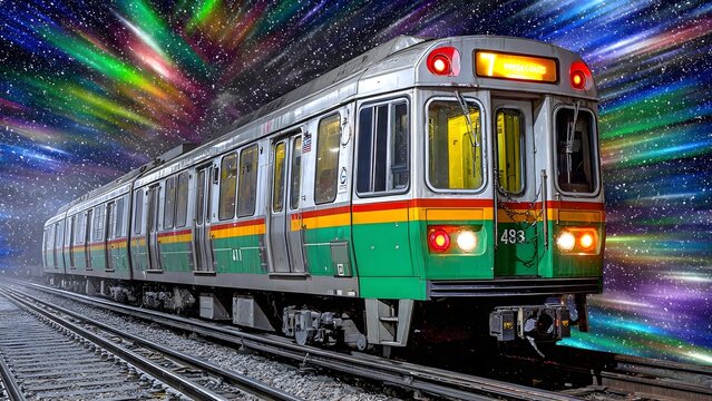 Colorful Transit Train on Tracks at Night