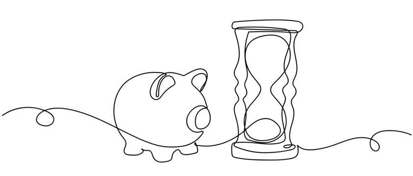 Piggy banks and hourglasses a financial business concept. in continuous one line drawing. Minimalistic Doodle vector illustration Editable stroke.