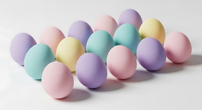 Pastel Easter eggs in soft colors, collection of colorful dyed eggs on white background, minimalist spring holiday composition with matte textures