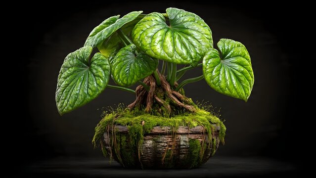 Lush Green Begonia Plant in Rustic Moss Covered Pot