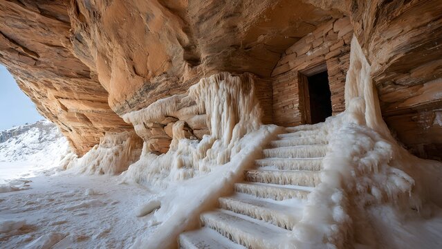 Ice Covered Stone Staircase at Cave Entrance in Snowy Mountain