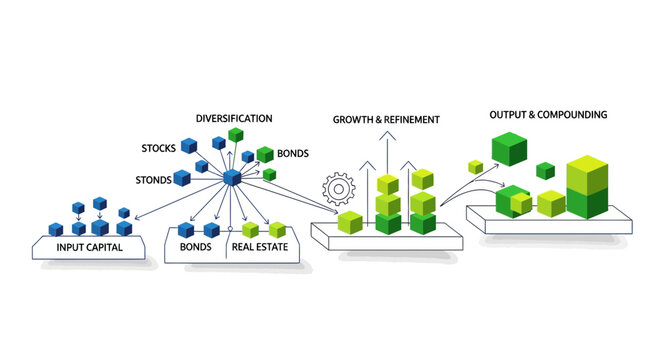 Business investment growth concept, financial strategy illustration, stock market returns, compound interest diagram