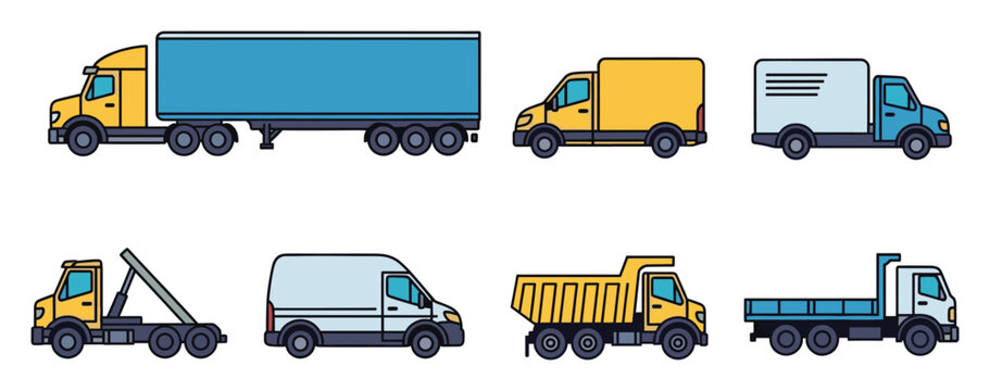 Modern fleet of diverse freight transportation vehicles and heavy duty utility trucks suitable for logistics, delivery, and industrial service industries
