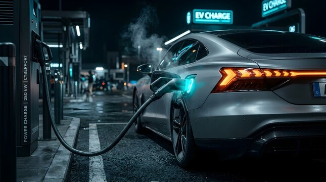 Advanced electric vehicle powering up at a contemporary charging hub, embodying the innovative future of eco-conscious mobility and clean energy solutions
