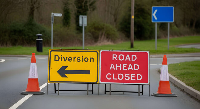 Road ahead closed and diversion signs with traffic cones on a street indicating a temporary route change.