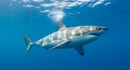 Obraz premium Great white shark swimming gracefully in clear ocean waters