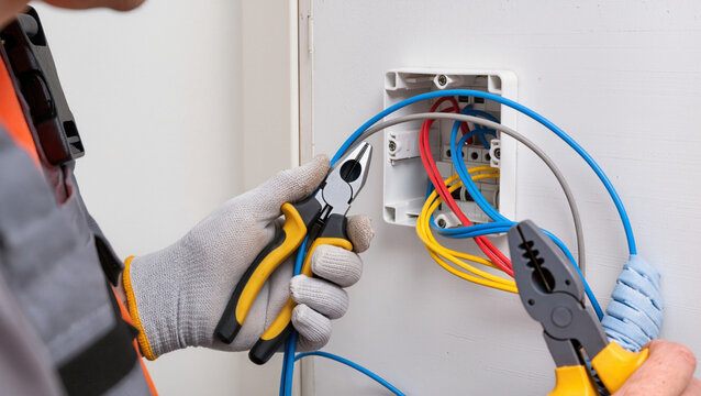 ​An electrician holds yellow-handled pliers.
​Multiple colored wires fill the box.
​The technician wears white protective gloves.
​Bright blue cables dominate the panel.
​He prepares wires 