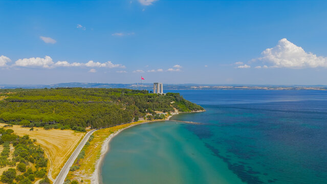Eceabat, Turkey. Canakkale Martyrs Memorial aerial view overlooking Dardanelles Strait and coastline from Hisarlik Hill on clear sunny day. Aerial View