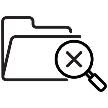 Outline icon of a folder and a magnifying glass with a cross showing no results found