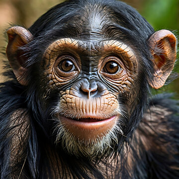 Close up portrait of a bonobo chimpanzee sitting in jungle with expressive face and natural wildlife setting