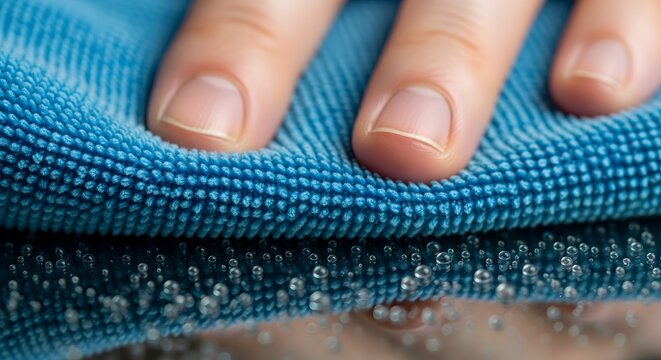 Close-up of a human hand gently wiping a surface with a blue microfiber cloth, leaving behind tiny water droplets.