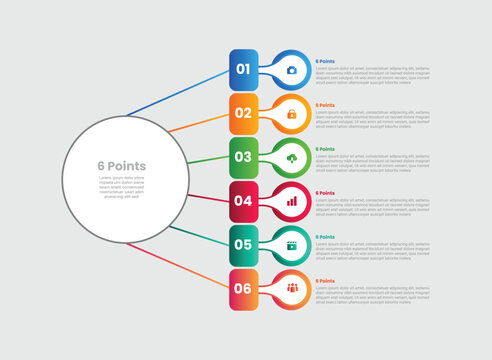 6 points infographic with gradient style with main big circle left with line point connection with vertical stacked list with 6 elements stages