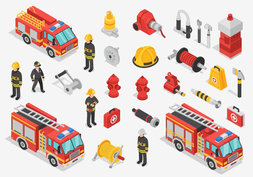 Isometric Firefighting Equipment and Firefighter Set with Fire Trucks, Hydrants, and Tools for Emergency Service Infographics
