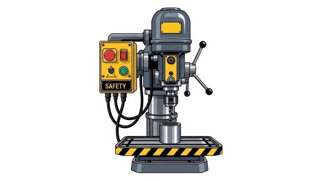 Industrial drill press machine with safety control panel isolated on white background
