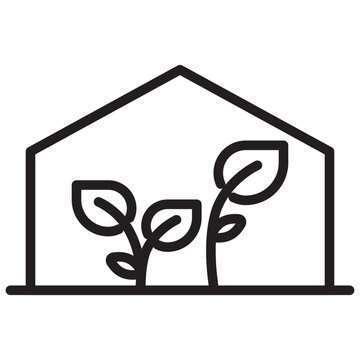 Simple line icon illustrating plants growing inside a greenhouse structure symbolizing controlled environment agriculture