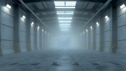 Obraz premium Industrial Empty Corridor in Foggy Warehouse