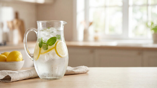 Pitcher of refreshing lemon mint water on a kitchen counter with a cozy ambiance
