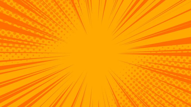 Orange cartoon comic speed radial lines abstract background with halftone circle dots texture