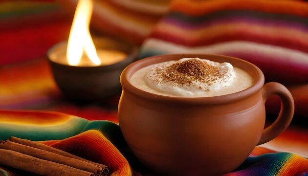 atol de elote in a rustic clay cup (jarrito de barro)