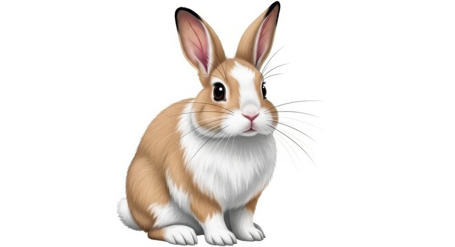 Cute brown and white rabbit sitting isolated on white background