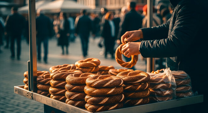 Close up of hands placing traditional crusty sesame bread on a metal stall in a busy public square with people in background